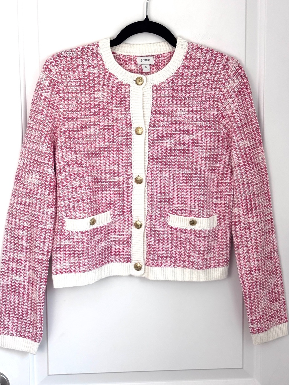 J.Crew Pink & White Textured Knit Cardigan Gold Buttons - Size Small